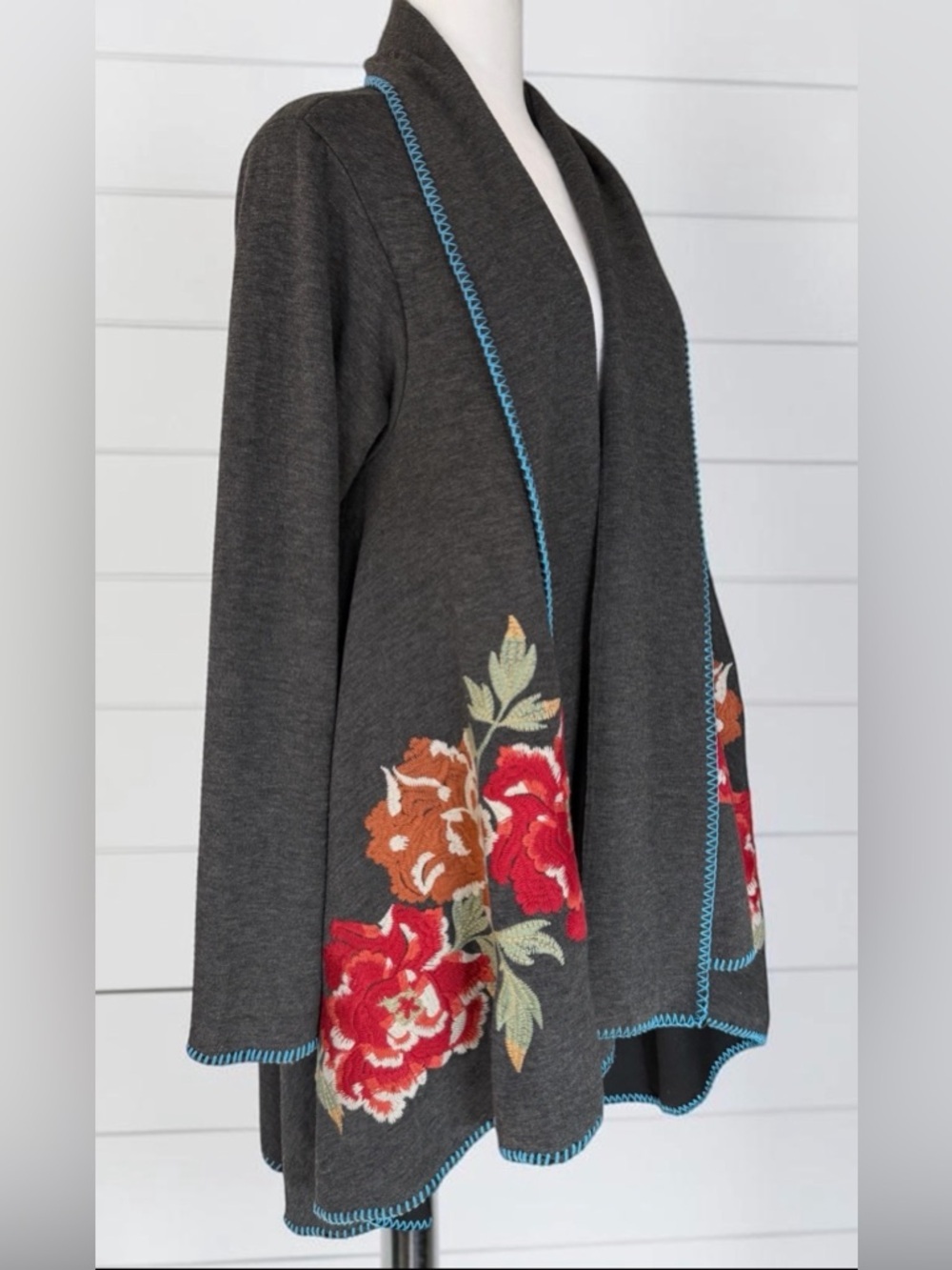 Floral Embroidered Boho Open Front Cardigan Jacket Terry Knit EUC - Picture 2 of 7